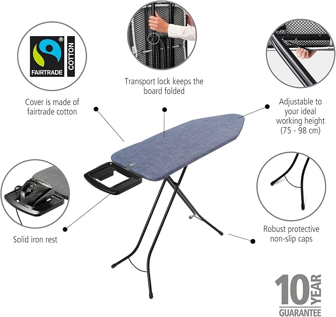 Brabantia Size C Ironing Board (49x18 in) 7 Height Options, Solid Steam Iron Rest Holder (Denim Blue) Non-Slip Feet, Anti-Collapse Child Locks