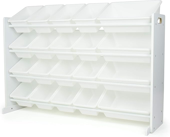 Humble Crew Extra-Large Toy Organizer with 20 Plastic Bins – White/White Storage Rack with 4-Tier Shelves, Anti-Tip Safety, for Kids’ Rooms, Playrooms, Nurseries & Classrooms