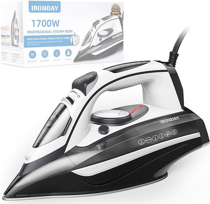 1700W Steam Iron for Clothes 20s Fast Heat-up, Non-Stick Ceramic Soleplate, 14.07oz Large Water Tank, Auto-Off, Burst Steam, Self-Cleaning, roning Clothes for Home