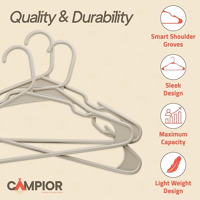 Plastic Clothes Hangers – Heavy Duty Hanger Set, for Organizing Clothes, Dresses, and Coat, Holds Up to 5 lbs, Space-Saving Hangers with Non-Slip Shoulder Grooves, Pack of 5, Ivory