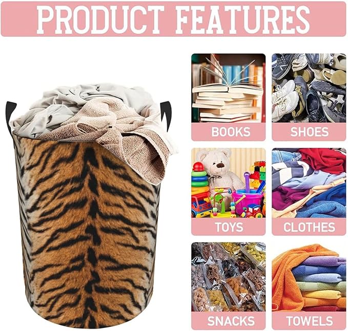Tiger Animal Texture Round Laundry Hamper Storage Basket Toys Clothes Organizer Bin For Home Bathroom Bedroom Dorm Nursery, 62l
