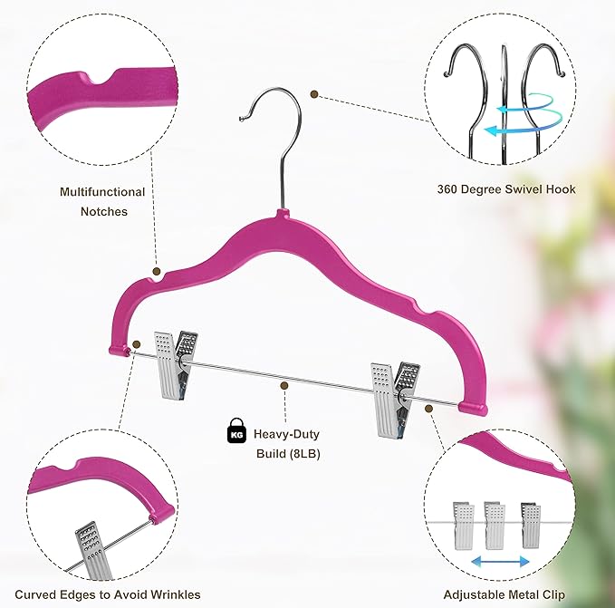 Quality Kids Plastic Non Velvet Non-Flocked Thin Compact Skirt Pant Coat Hangers with Metal Clips for Skirts Pants Blouses 360° Swivel Hook, Jacket, Shirt, Pants, Suit Hangers (Pink, 20)