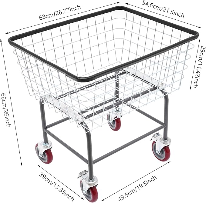 Laundry Cart,Steel Wire Laundry Cart,Laundry Basket With Wheels,Heavy Duty Commercial Wire Laundry Basket Cart for Laundry Clothes Storage 26.77x21.5x26in (B)