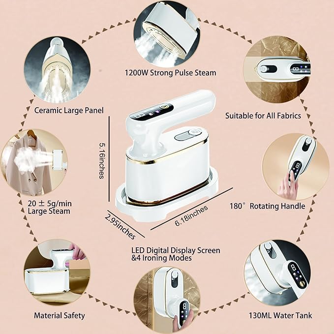 Steamer for Clothes,1200W Wet Dry Dual Ironing Handheld Hanging Iron Machine, 130ml Large Water Tank, 10S Fast Heating Clothes Wrinkle Remover, Suitable for Home, Travel & Dormitory (White)