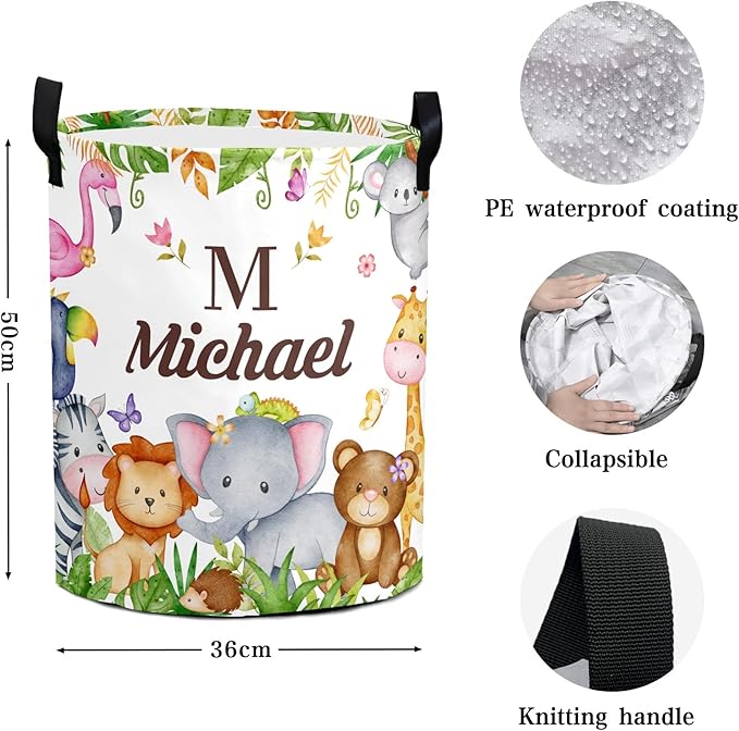 Large Custom Name Laundry Hamper, Woodland Personalized Dirty Clothes Hamper Storage Basket with Name for Bathroom Bedrooms, Customized Name Circular Hamper with Handles for Baby Boys Girls Men Women