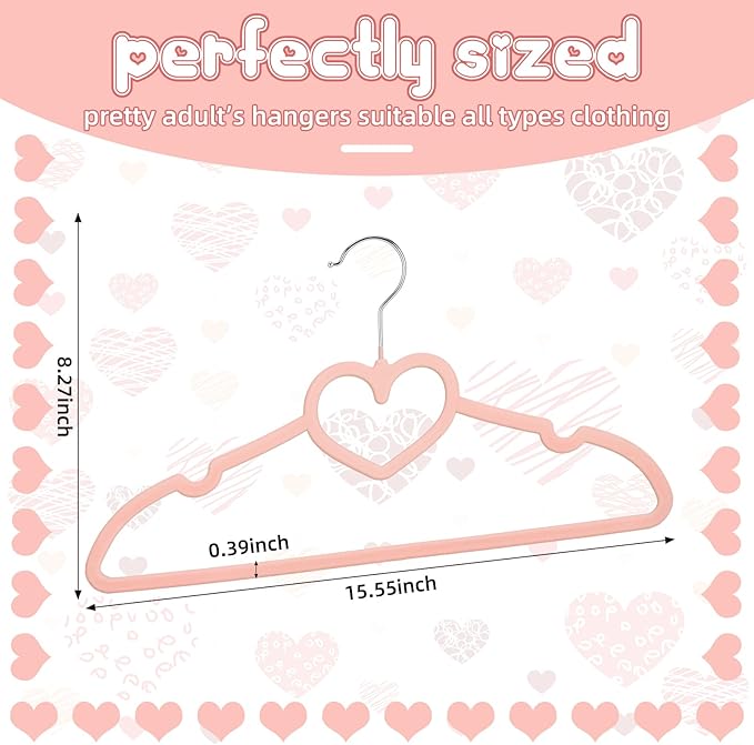 Qunclay 50 Pcs Rose Pink Velvet Heart Hangers, Non-slip Felt Clothes, Heavy Duty Sturdy Heart Clothes Coat Hanger, Cute Kawaii Room Decor for Adult Women, Space Saving No Hanger Mark, 360° Swivel Hook