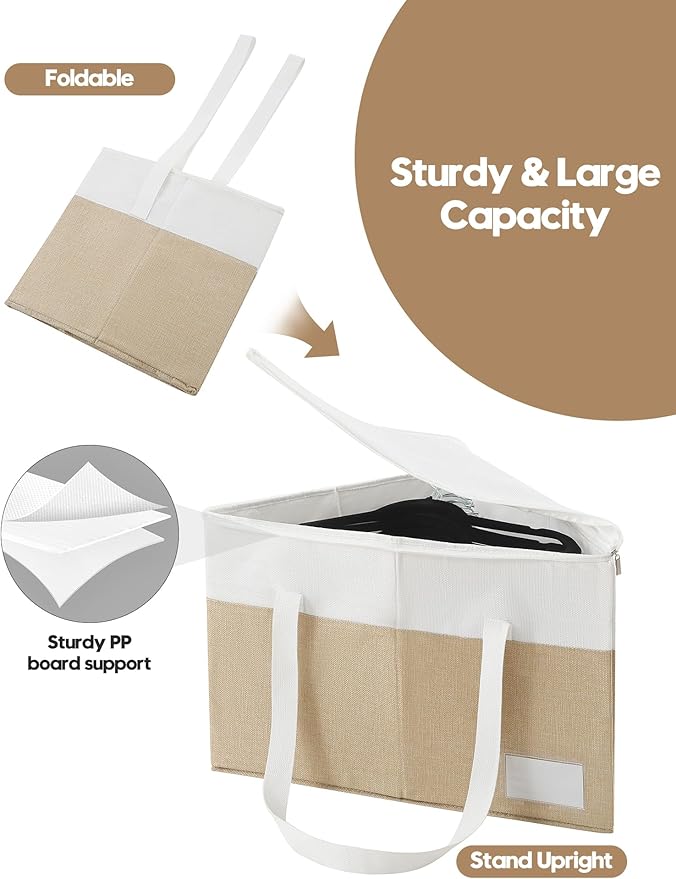 Beveetio 2-Pack Rigid Hanger Organizer Bags with Lid, Triangle Hanger Storage Organizers for Closet, Laundry Room, Wardrobe, Drying Rack, Dustproof Space Saving Holder, Beige & White