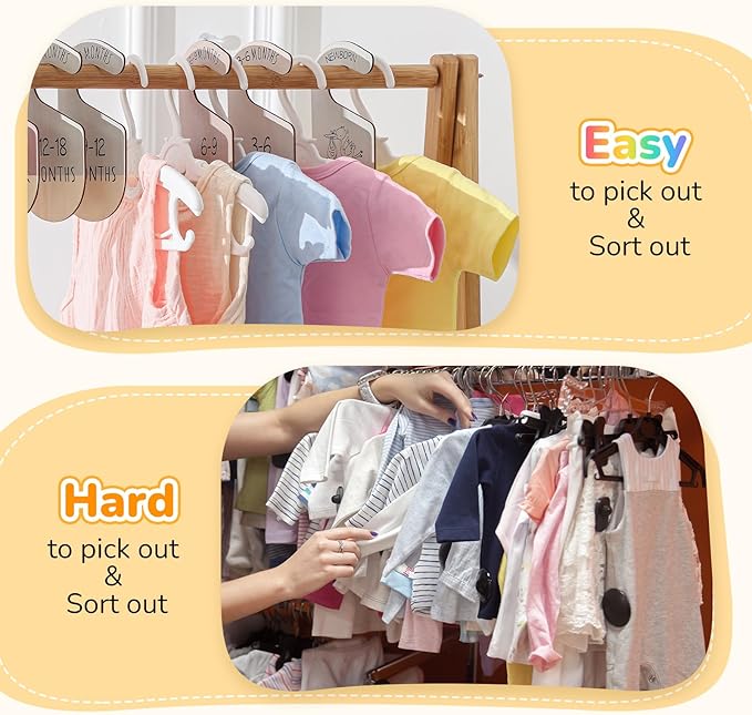 Hsei 38 Pack Baby Closet Organizer System-30 Baby Hangers with 8 Wooden Size Dividers Newborn to 24 Months Nursery Closet Organization Set, Extendable Non-Slip Hangers, Gift for New Moms
