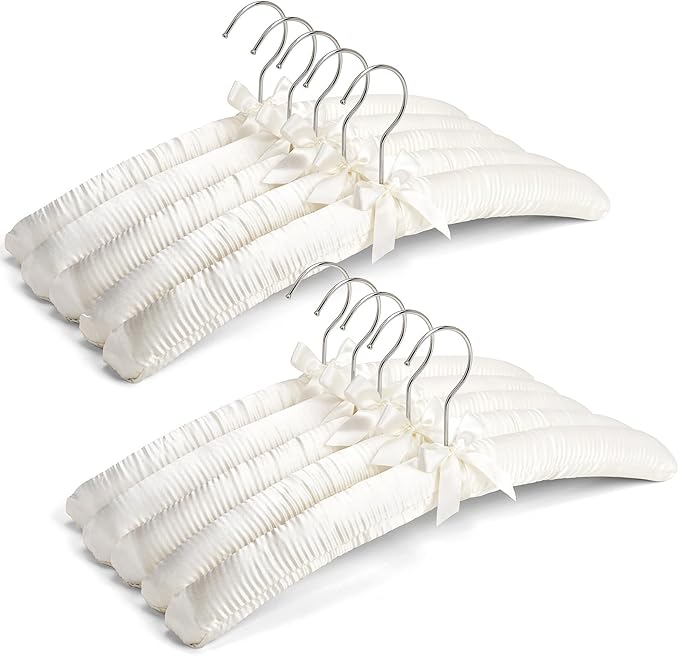 Amber Home 10 Pack 17 Inch Large Ivory Satin Padded Hangers for Women Clothing, Anti Slip Cushioned for Sweaters, Silk Fancy Dress for Wedding, Delicate Cashmere