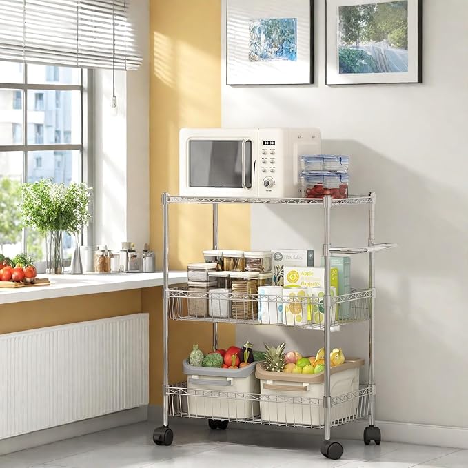 3 Tier Rolling Storage Cart, Adjustable Wire Storage Shelving Unit, Kitchen Cart On Wheels with Basket and Handle, Metal Organizer Wire Rack for Laundry Bathroom Pantry Room, Chrome