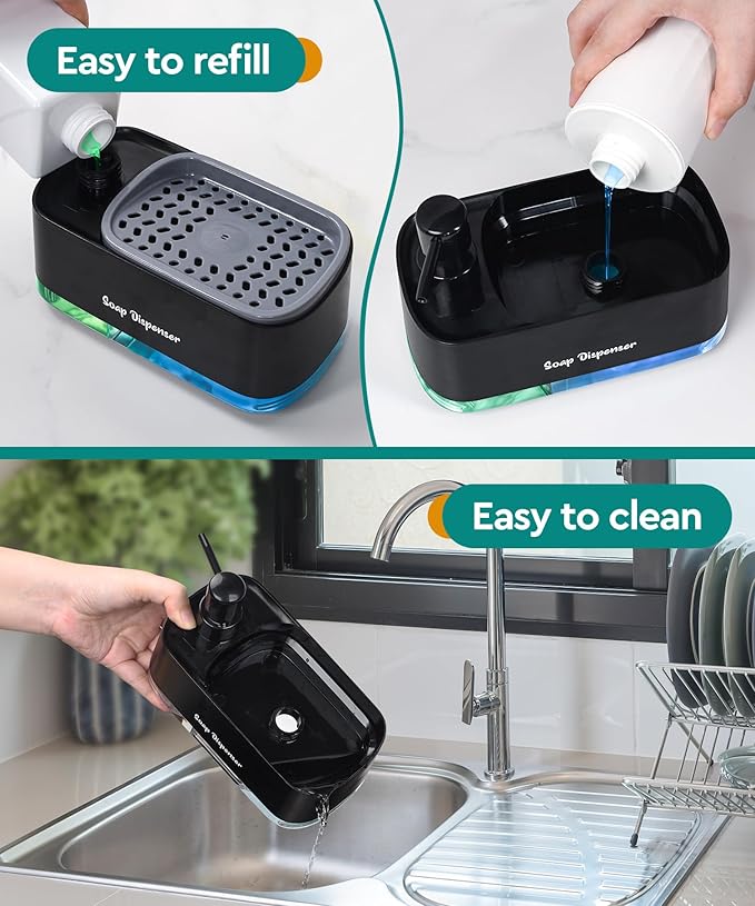 Kitchen Dish Soap Dispenser Set，Dish and Hand Soap Dispenser with Sponge Holder, 3-in-1 Countertop Sponge Dual Soap Pump Dispenser for Kitchen Sink - Black