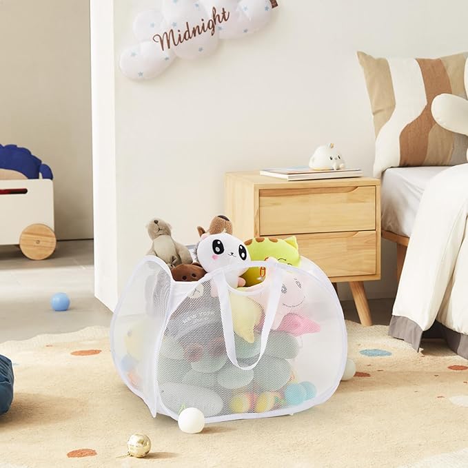 TECHMILLY Collapsible Mesh Pop Up Laundry Hamper with Strong Handles, Large Opening Clothes Hamper with Side Pockets, Storage Baskets for Dorm, Laundry Room, Bathroom or Travel (White, 90L)