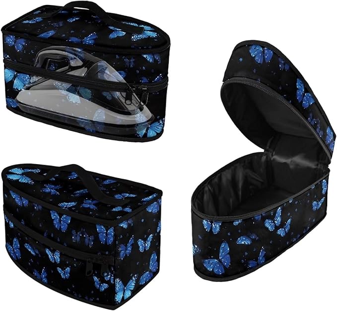Blue Butterfly Iron Carrying Storage Bag, Travel Iron Holder Case Iron Accessories Fits Most Travel Size Irons with Handle and Smooth Zipper