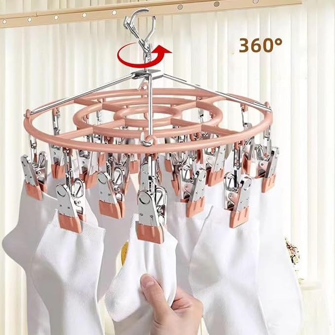 Drying Rack for Sock, Stainless Steel Sock Drying Rack with 24 Clips, Swivel Hook Windproof Hanger for Sock, Bras, Towel, Underwear, Laundry, Hat, Scarf, Pants, Gloves(Pink)