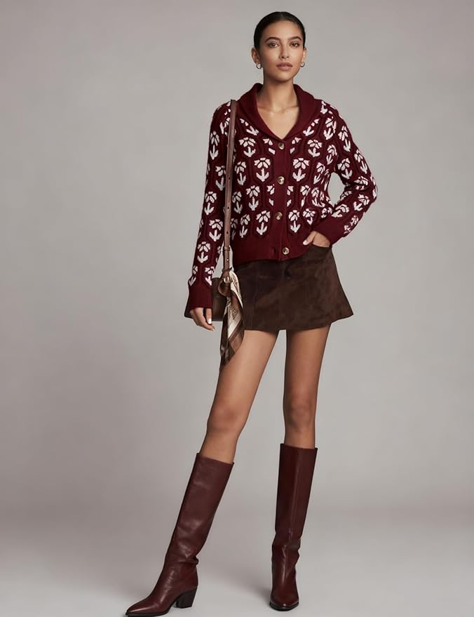 Women Floral Cropped Cardigan Sweaters Shawl Collar Long Sleeve Button Down Knit Jacket Flower Print Knitwear