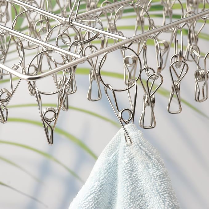 5 Pack 17x10 inch Stainless Steel Drying Rack with 60 Clips, Swivel Sock Drying Rack with Windproof Clips, Stainless Steel Clothes Hanger for Bras, Clothes, Sock & Underwear Towels