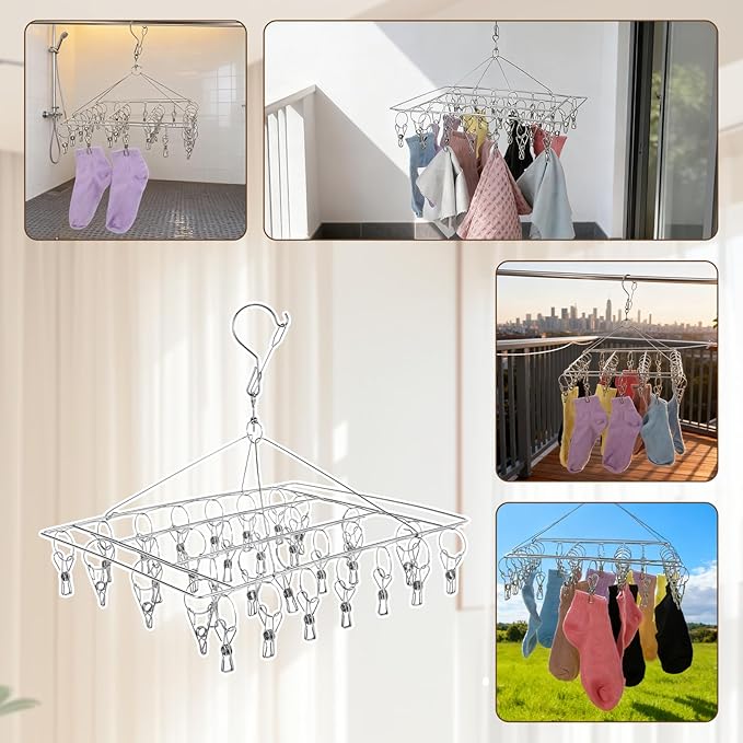 6 PCS Stainless Steel Hanging Drying Rack with 30 Hooks Clips, Swivel Hook Wind-Proof Clothes Sock Drying Hangers Laundry Accessories for Socks Bras Underwear Towel Hat Scarf Pants Gloves