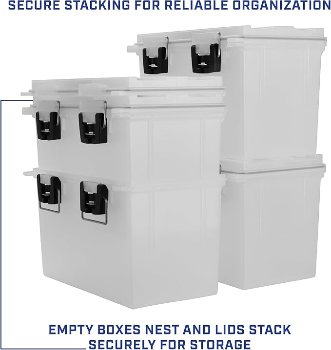 Sheffield 12767 XL Storage Bins With Lids, 4-Pack Stackable Storage Bins, Made in USA, Lockable and Water-Resistant Containers with Lids, Plastic Containers for Home, Classroom, and Dorm