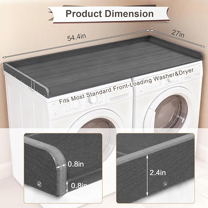 Washer Dryer Countertop, HDPE Laundry Countertop with Edge Rails, No-Installation-Grey
