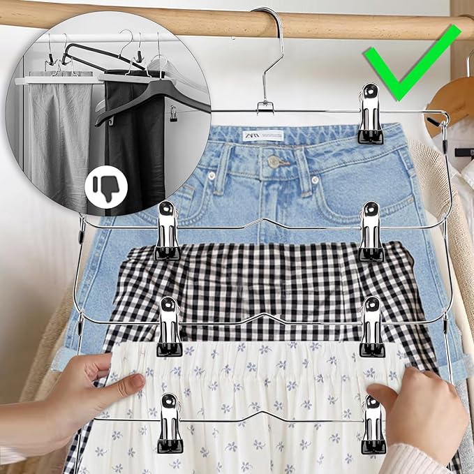 Skirt Pants Hangers with Clips，6Tier Skirt Hangers Space Saving,Metal,Non Slip Closet Organizer and Storage Multi Clothes Shorts Hanger Organization(2, Black)