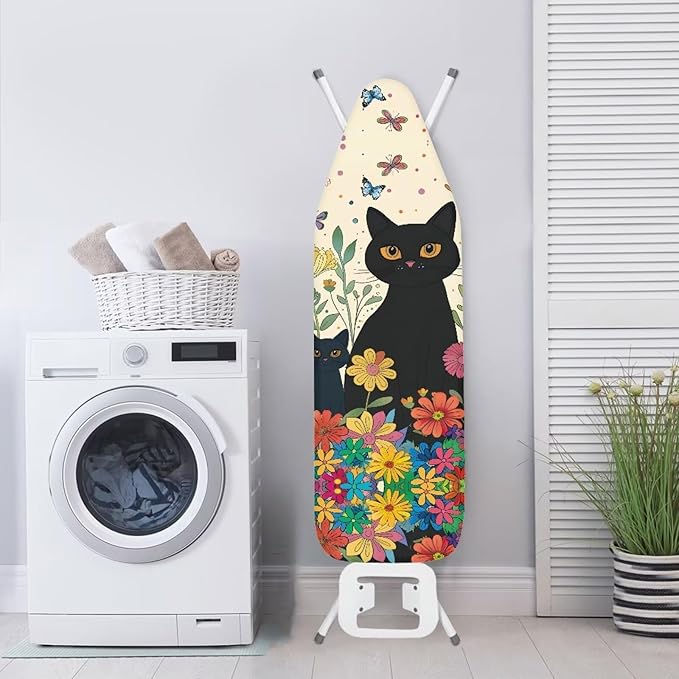 GLENLCWE Black Cat Colorful Flower Ironing Board Cover,Cute Cat Print Thick Ironing Board Cover with Padding 15x54 Inch Dust Cover with Elastic Edge Non Slip&Heat Reflective
