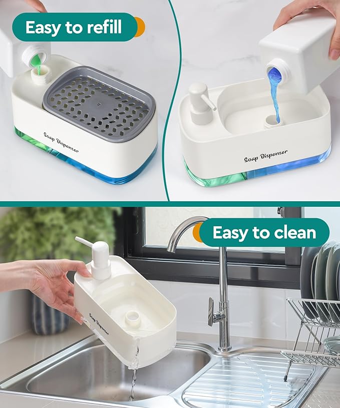 Kitchen Dish Soap Dispenser Set，Dish and Hand Soap Dispenser with Sponge Holder, 3-in-1 Countertop Sponge Dual Soap Pump Dispenser for Kitchen Sink - White