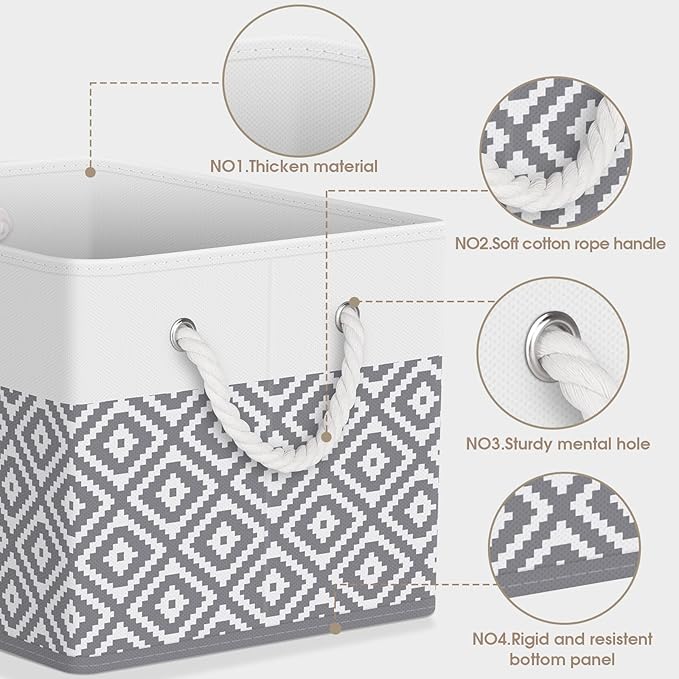 Storage Bins, 3-Pack Large Storage Box with Rope Handles, Collapsible Storage Basket for Organizing Books, Clothes, Rhombic Grey