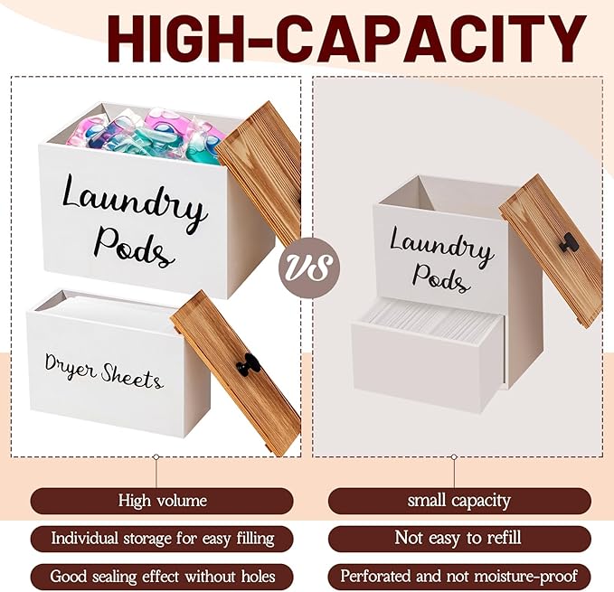 Dandat 4 Pcs Laundry Room Organization and Storage, Dryer Sheet Holder Laundry Pod Holder Scent Booster Container Magnetic Lint Bin with Scoop and Brush Wood Farmhouse Room Container(White)