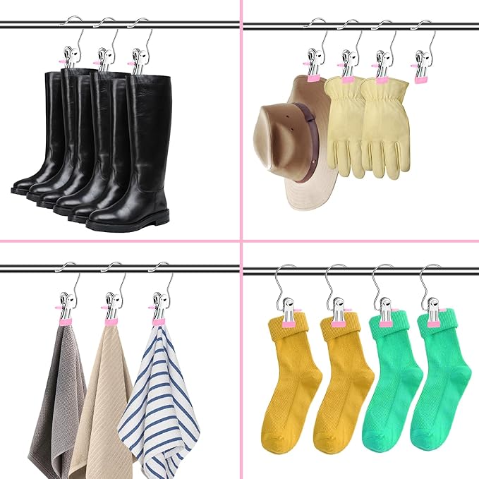 Boot Hangers for Closet,30 Pack Laundry Hooks with Clips,Stainless Steel Boot Hanger Clips,Portable Hangers Single Clip Space Saving Boot Clips for Hanging (Pink)