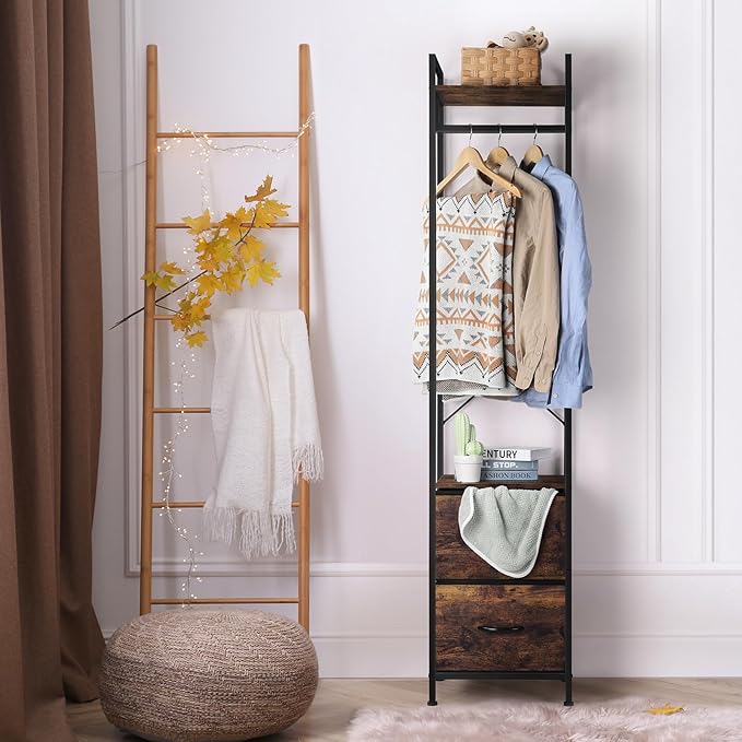 smusei Garment Rack 3 Tiers Clothes Rack Heavy Duty with Fabric Drawers and Storage Shelves Freestanding Closet Organizer Stand Small Coat Rack for Bedroom Entryway Living Room