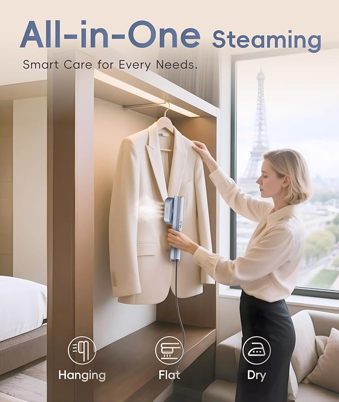 Steamer for Clothes, 1000W Portable Garment Steamer Travel Size, 100-240V Dual Voltage, 120ml Tank Handheld Steam & Iron 2 in 1, for Home, Business, Global & Europe Traveling, Silver