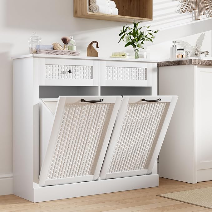 Double Tilt Out Laundry Hamper Cabinet, Rattan-Style Laundry Room Organization with Removable Laundry Basket, Hidden Wood Dirty Clothes Hamper with Drawers, 39" L x 13" W x 35.8" H, White