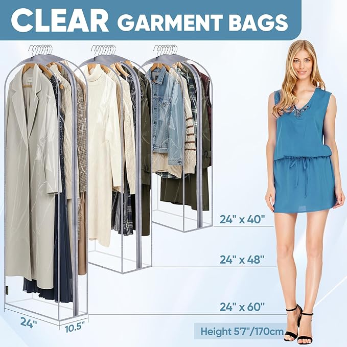 BALEINE 40'' Clear Garment Bags, 10.5'' Wide PEVA Suit Bag for Closet Clothes Dresses Suit Coats Storage (Clear, 9PK)