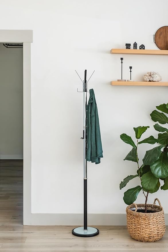 Coat Rack with Brushed Steel Finish – Space-Saving Entryway Organizer Perfect for Coats, Bags, Purses and Hats. Stand with12 Black Hooks and Tempered Glass Base, Perfect for Home & Office 69'' Tall