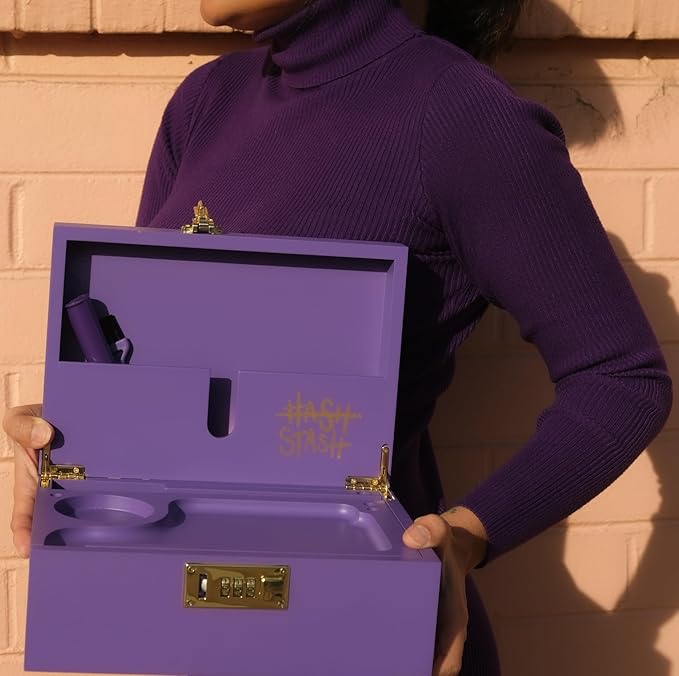 The OG Stash Storage Box - Large Bamboo with Combination Lock, Magnetic Lid, Organizer Tray, 3 Jars and Brush - Portable Decorative Wooden Lock Box Kit with Accessories (Purple/Gold)