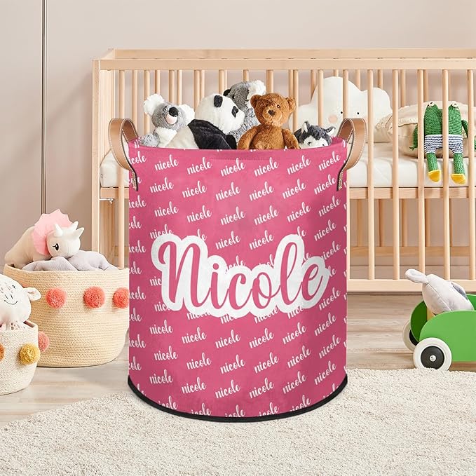Custom Name Pink Laundry-Hamper, Personalized Kids-Clothes-Hamper Foldable with Name, Customized Storage Basket with Handles Waterproof Gift for Boys Girls Baby Women