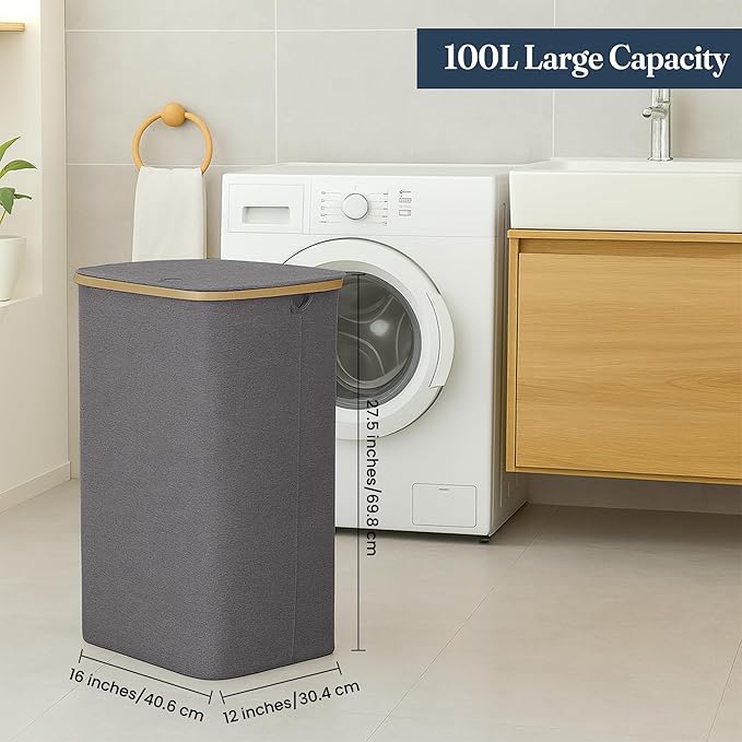 Fine Living 100L Large Laundry Hamper with Lid, Narrow Foldable Slim Laundry Basket with Bamboo Handles, Skinny Tall Dirty Clothes Hamper for Dorm, Bathroom & Bedroom, Gray