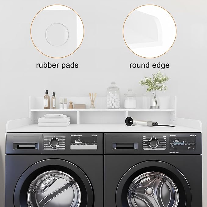 Washer Dryer Countertop with Shelf, 2-Tier Laundry Countertop Over Washer and Dryer, 54" x 27.55" Wooden Table for Folding Clothes for Laundry Room Organization and Storage (Milky)