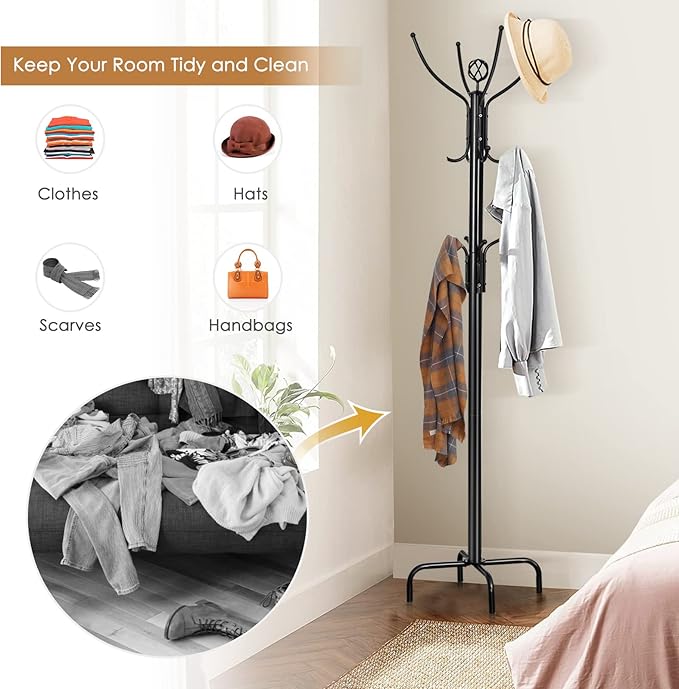 MEDIMALL Coat Rack Freestanding, Metal Hall Tree, Free Standing Coat Tree for Hat, Coat, Jacket, Umbrella, Entryway Coat Hanger Stand with Base, Black
