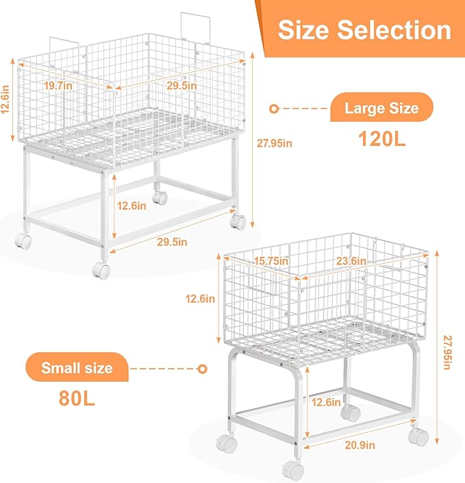 Large Rolling Laundry Basket Cart,Wire Laundry Hamper Cart with Handle and Wheels,White High Laundry Hamper for Laundry Room,Bedroom and Bathroom-120L White (29.5"L*19.7"W*27.95"H inch)