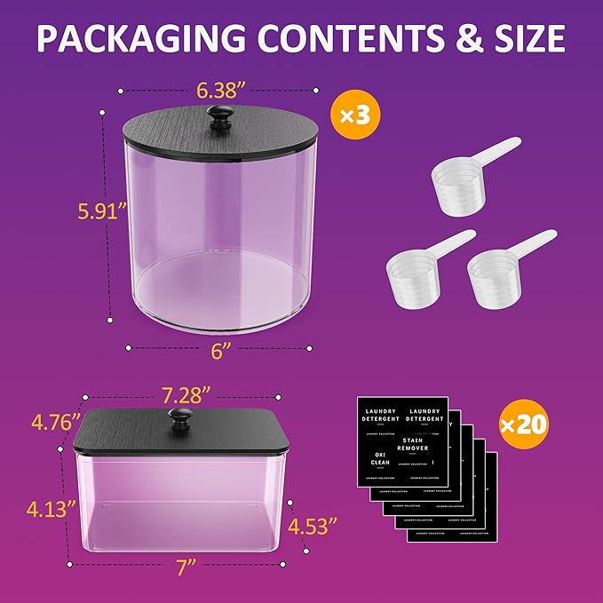 4 Pack Laundry Pods Container, Clear Laundry Room Organization Containers,Large Acrylic Detergent Powder Storage Containers Black Wooden Lids & Labels, Dryer Sheet Holder