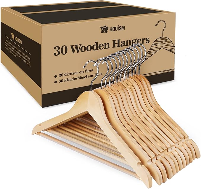 HOUÍSM Wooden Hangers 30 Pack, Solid Wooden Suit Hangers Coat Hangers with Non-Slip Pants Bar, 360° Swivel Hook & Notches, Smooth Finish, Heavy Duty Clothes Hangers for Coats, Suits, Pants and Jackets