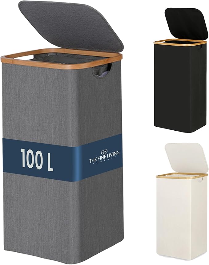 Fine Living 100L Large Laundry Hamper with Lid, Narrow Foldable Slim Laundry Basket with Bamboo Handles, Skinny Tall Dirty Clothes Hamper for Dorm, Bathroom & Bedroom, Gray