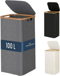 Fine Living 100L Large Laundry Hamper with Lid, Narrow Foldable Slim Laundry Basket with Bamboo Handles, Skinny Tall Dirty Clothes Hamper for Dorm, Bathroom & Bedroom, Gray