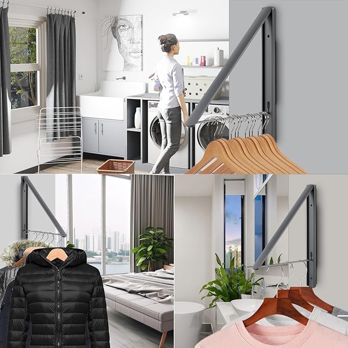 Foldable Clothes Drying Rack, Wall Mounted Retractable Drying Rack Clothes Hanger, 0.43'' Thickness Space Saving Laundry Racks and Closet Organizer, Aluminum (Dark Gray)