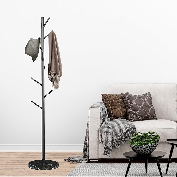 Metal Coat Rack with Natural Marble Base, Modern Coat Rack Freestanding with 8 Hooks, Sturdy Coat Tree Stand, Black Hall Tree for Jacket Hat Bag Entryway