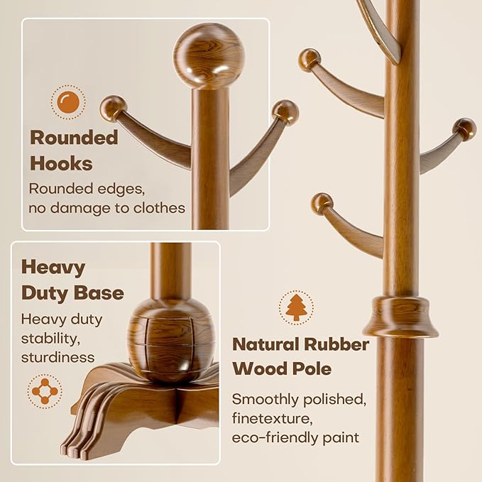 Hall Tree, Freestanding Wood Tree Rack with 7 Hooks, Coat Rack with Stable Sphere Base, Wooden Coat Rack Stand, Load 210 lb, Coat Hanger Stand for Entryway, Hallway, Bedroom (Natural)