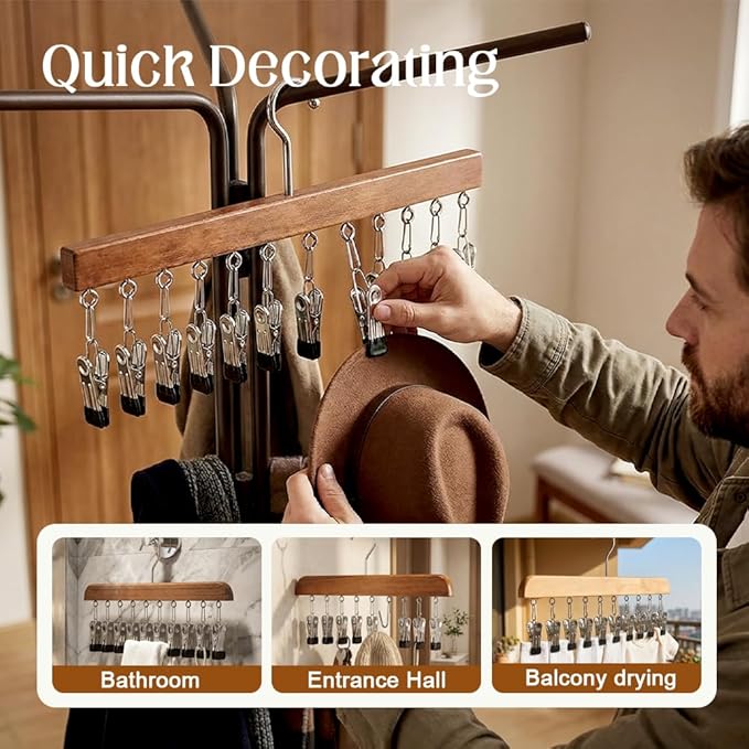 Closet Organizer with 12 Clips, Legging Organizer for Closet, Leggings, Jeans, Hats, Shorts, Socks, 360° Rotating Space Saving Hanging Clothes (Brown 12 Clips, 1Pcs)