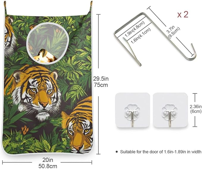 Hanging Laundry Hamper with Stainless Steel Hooks,Oxford Fabric Printing Door Laundry Clothes Bag, 29.5X20inch 2PCS Taiger Green Plant
