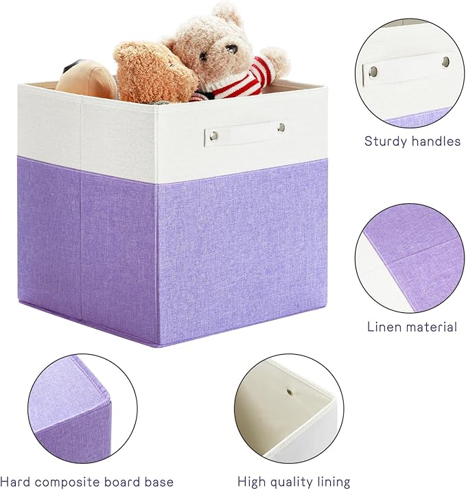 13 x 13 Inch Fine Linen Storage Bins with Handles，Fabric Cube Boxs，Basket Organizers for Shelves for Home, Closet Drawers (White/Purple-4 Pack)